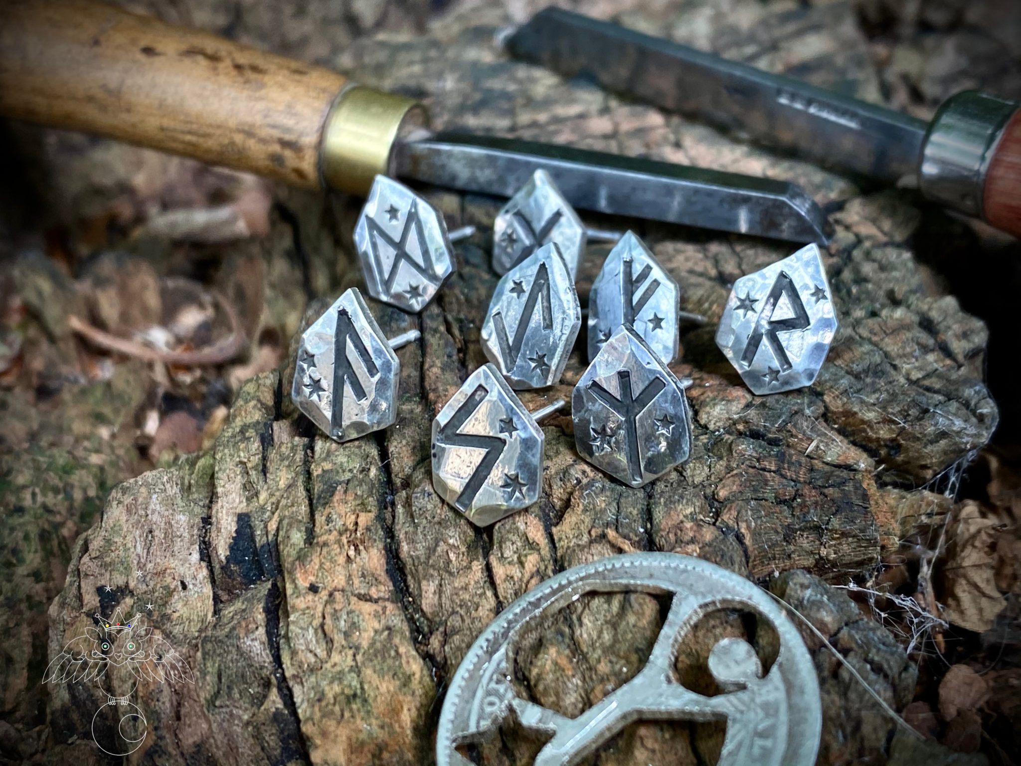 Rune symbol earrings handcrafted, ethical and repurposed silver coins
