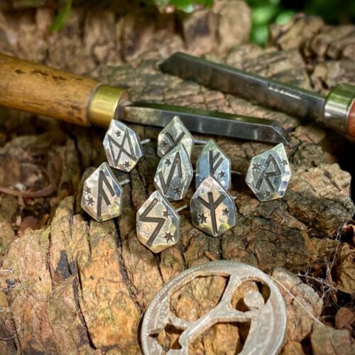Rune symbol earrings handcrafted, ethical and repurposed silver coins