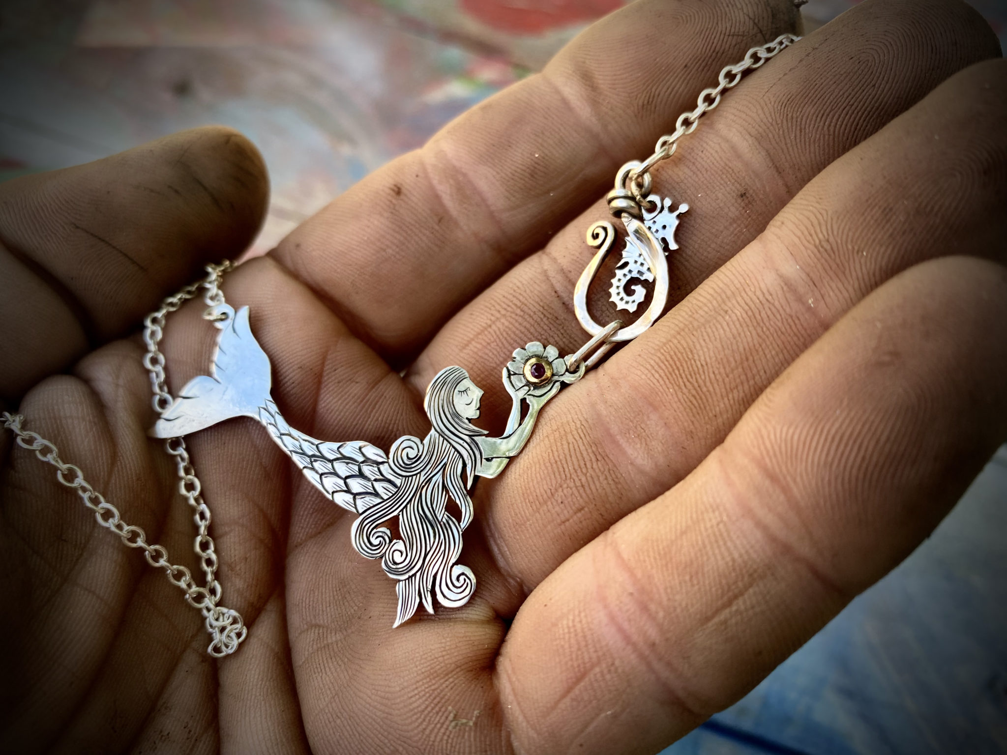 handmade and recycled silver mermaid necklace complete with seahorse and precious oyster