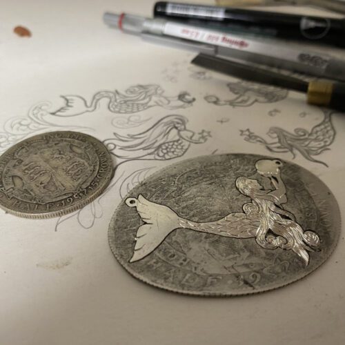 handmade and recycled silver mermaid necklace complete with seahorse and precious oyster