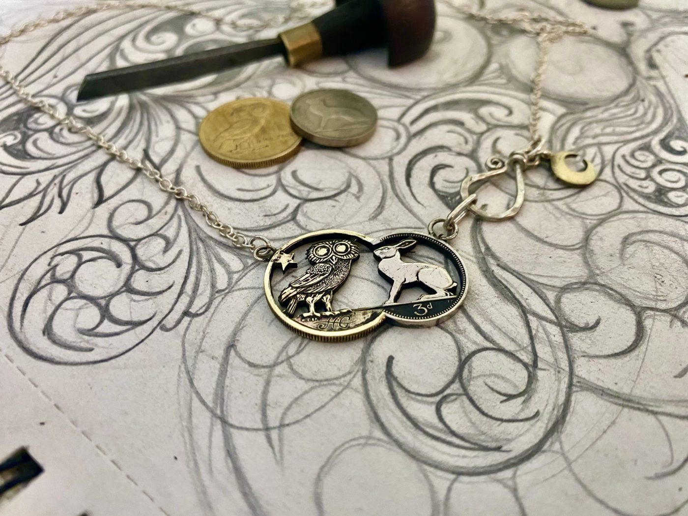 hare-y-gr-owl-er owl and hare coin fusion necklace