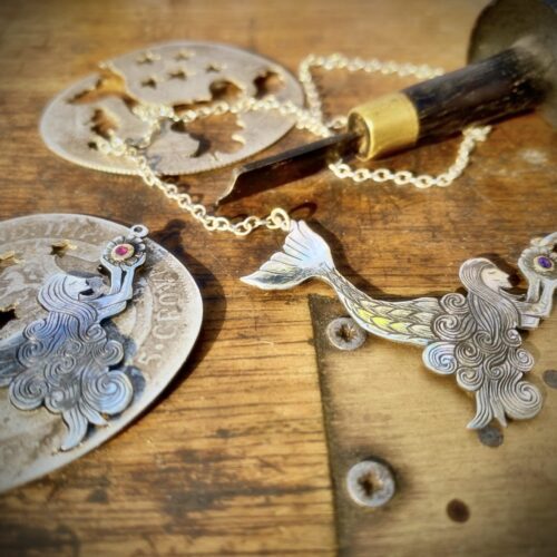 handmade and recycled silver mermaid necklace complete with seahorse and precious oyster