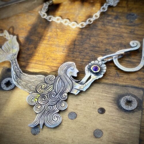 handmade and recycled silver mermaid necklace complete with seahorse and precious oyster