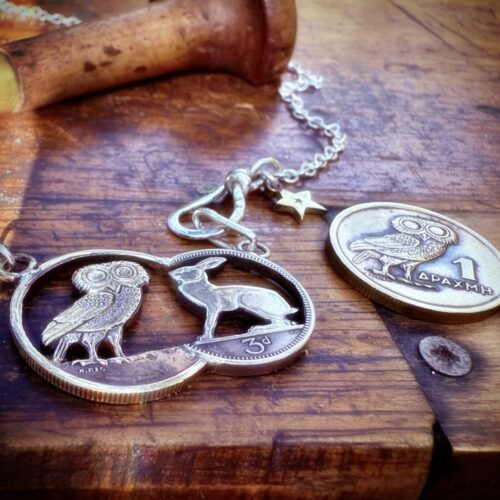 hare-y-gr-owl-er owl and hare coin fusion necklace