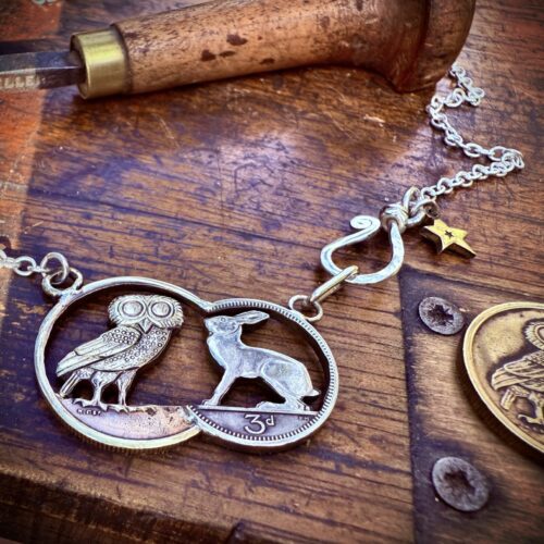 hare-y-gr-owl-er owl and hare coin fusion necklace