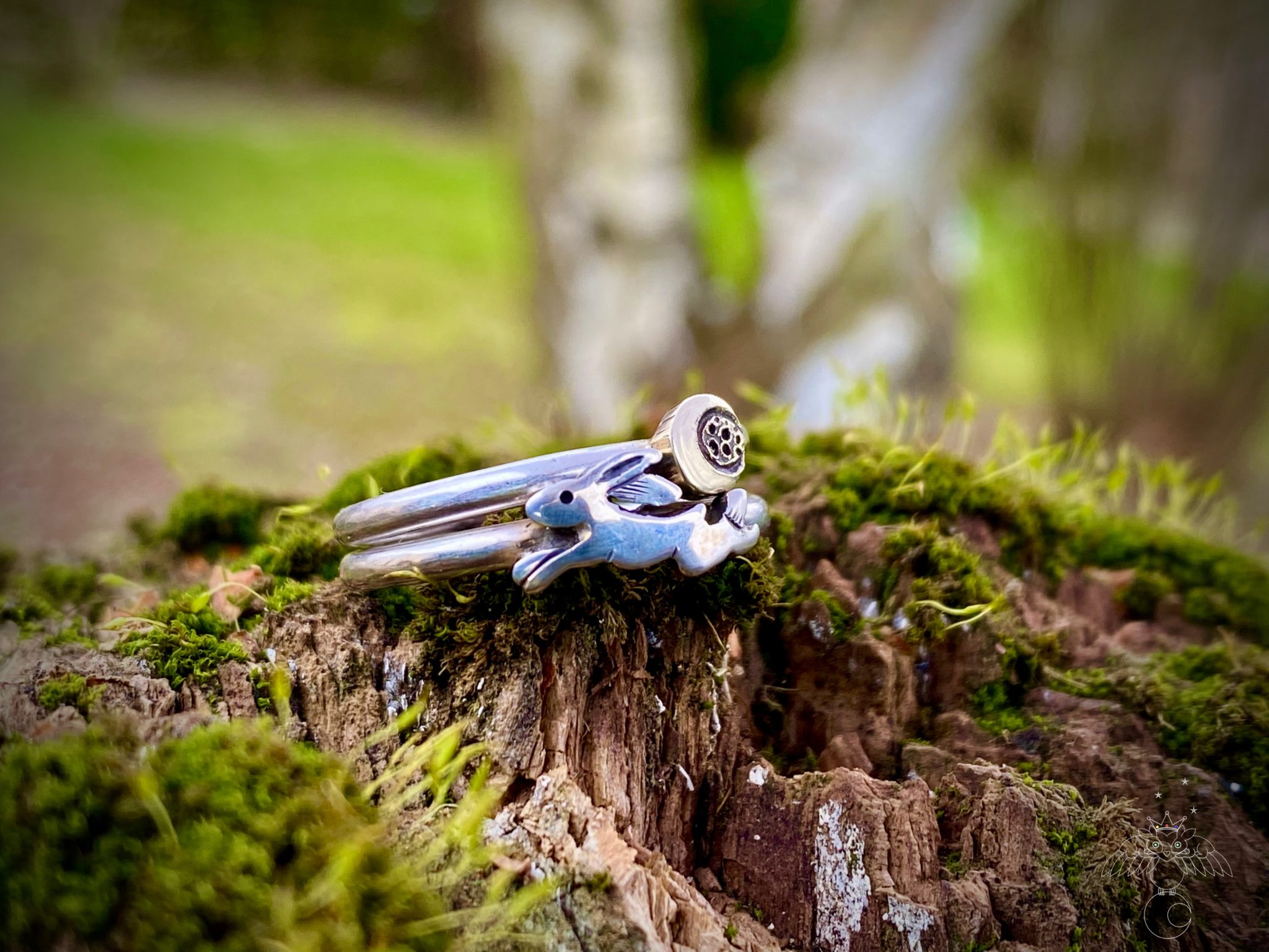 handmade leaping hare ring eco conscious, ethical, renewable, green jewellery made in Cambridge by local artisan jeweller with hand tools and love