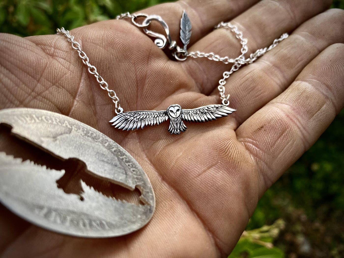 Gillihowlet flying barn owl necklace handmade from sterling silver upcycled from pre 1920 silver coins of the British realm
