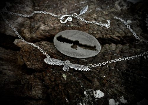 Gillihowlet flying barn owl necklace handmade from sterling silver recycled from pre 1920 silver coins of the British realm