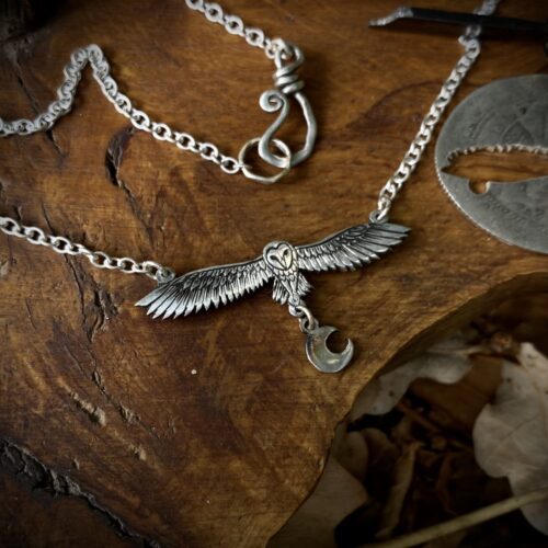 Gillihowlet flying barn owl necklace handmade from sterling silver upcycled from pre 1920 silver coins of the British realm