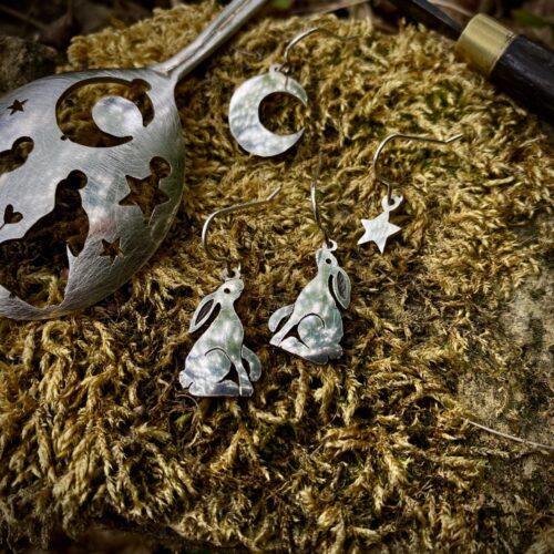 hare moon handmade earrings. Magical hare and moon jewellery made in England from recycled spoons