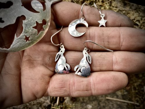 hare moon handmade earrings. Magical hare and moon jewellery made in England from recycled spoons