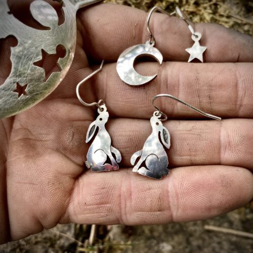 hare moon handmade earrings. Magical hare and moon jewellery made in England from recycled spoons