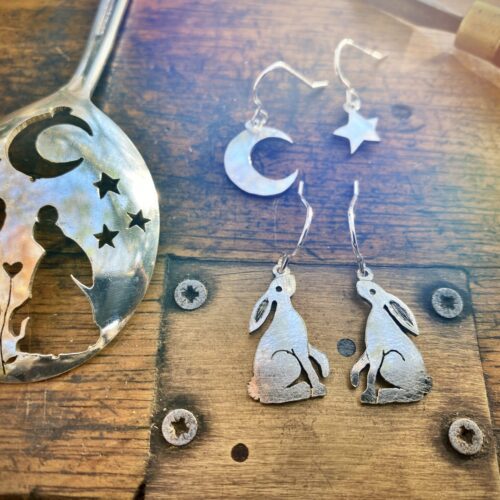hare moon handmade earrings. Magical hare and moon jewellery made in England from recycled spoons