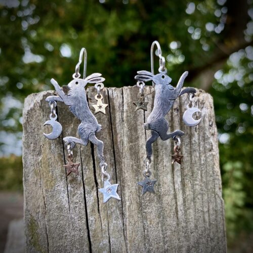 magical boxing hares dancing rabbit earrings