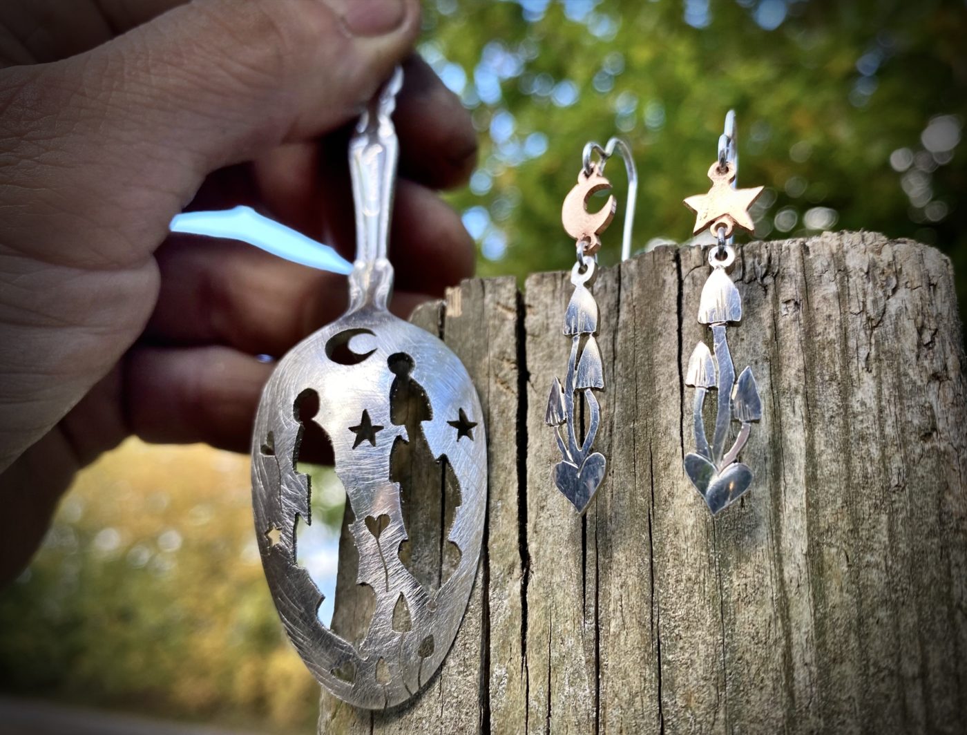 magic mushroom mushy earrings made from antique spoon