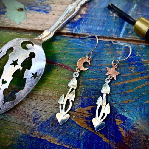 magic mushroom mushy earrings made from antique spoon