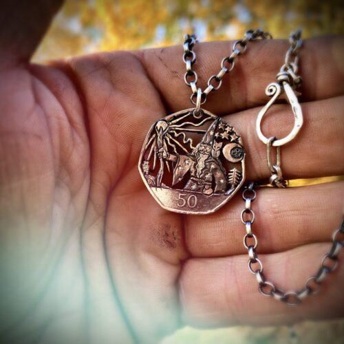 Handcrafted and recycled coin wizard pendant necklace