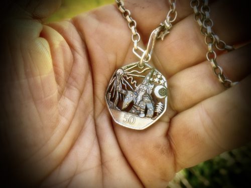 Handcrafted and recycled coin wizard pendant necklace