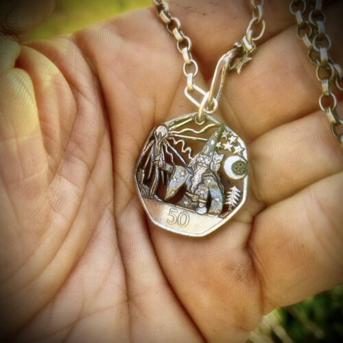 Handcrafted and recycled coin wizard pendant necklace