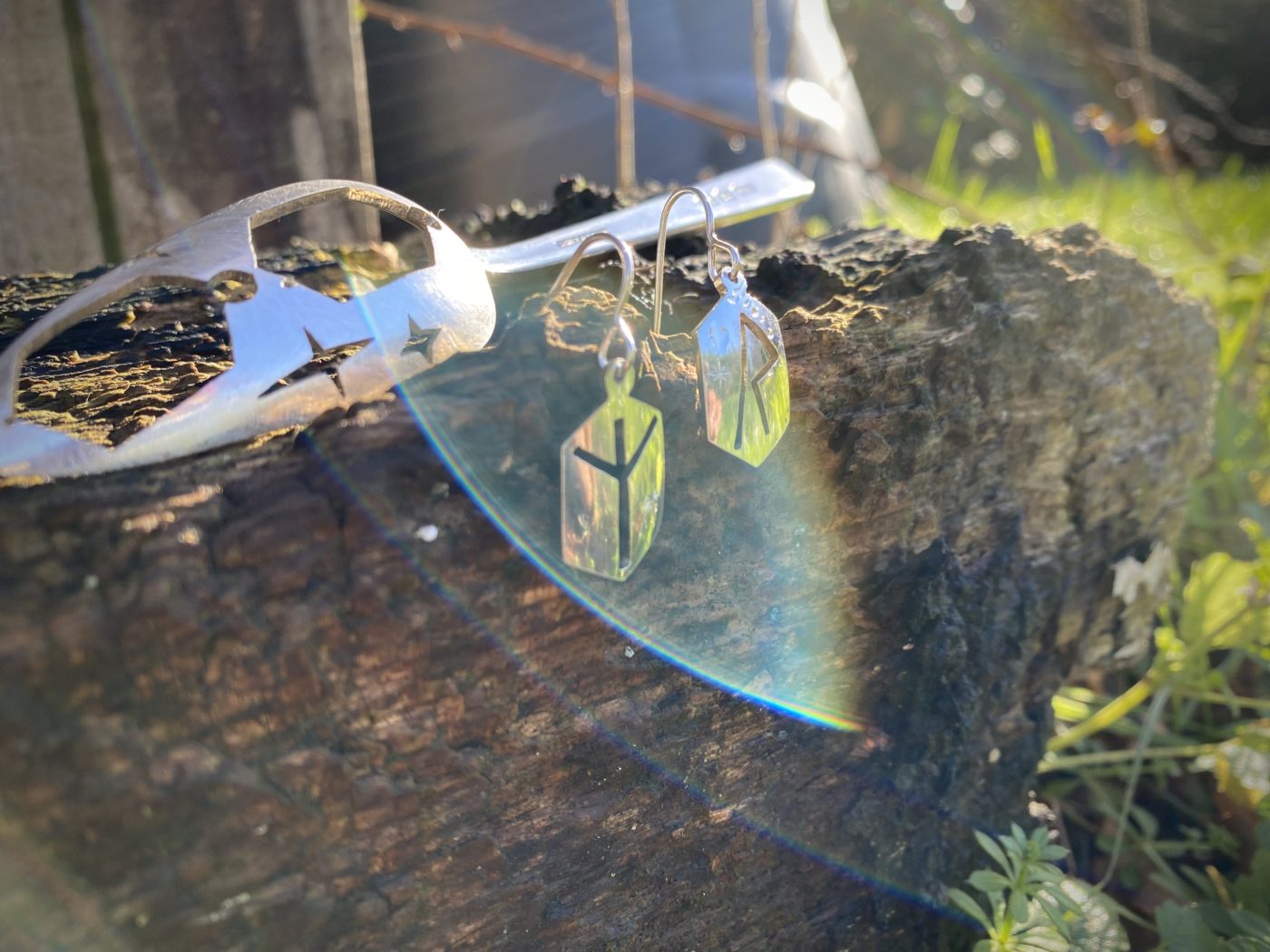 rune jewellery earrings made from recycled raw materials. Handmade ethical rune earrings