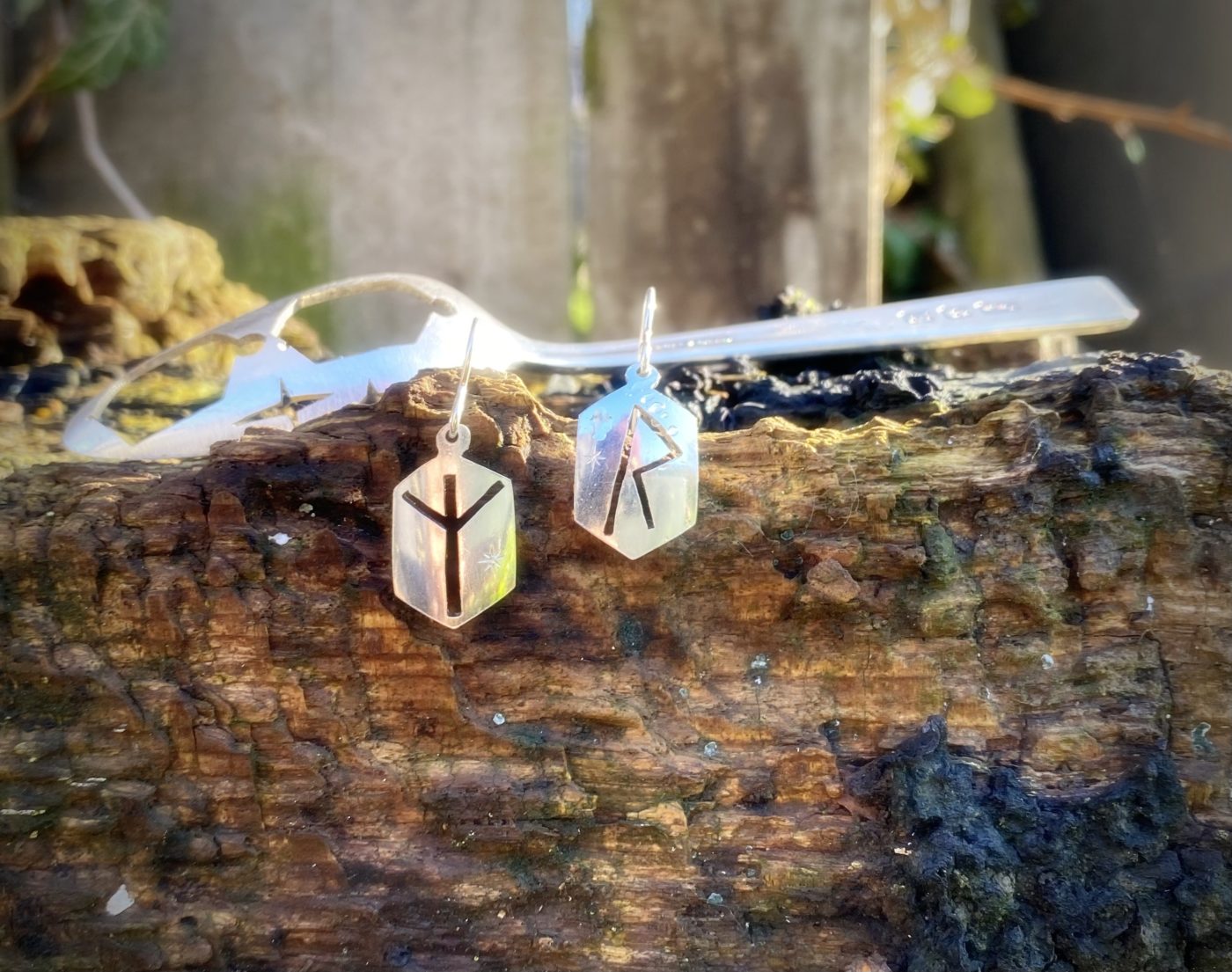 rune jewellery earrings made from recycled raw materials. Handmade ethical rune earrings