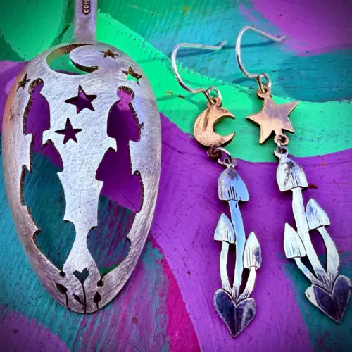 magic mushroom mushy earrings made from antique spoon