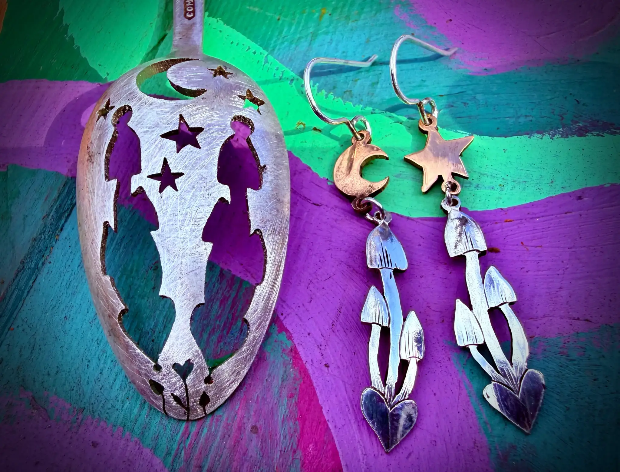magic mushroom mushy earrings made from antique spoon