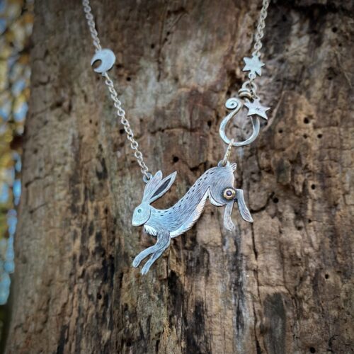 Acklington Hare Nancy Scott jewellery Handmade and recycled sterling silver moon leaping hare necklace 兔年 首饰