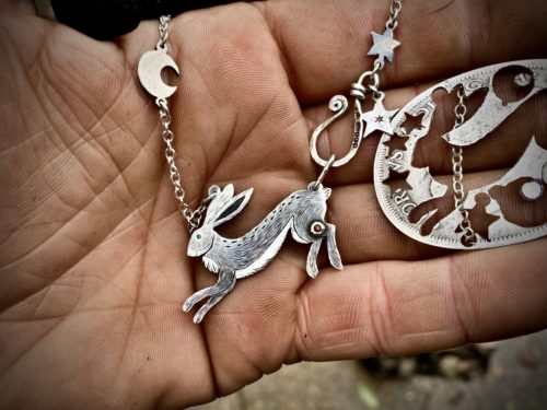 Acklington Hare Nancy Scott jewellery Handmade and recycled sterling silver moon leaping hare necklace 兔年 首饰