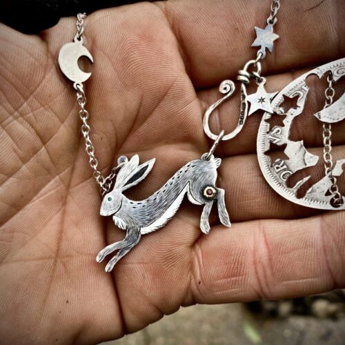 Acklington Hare Nancy Scott jewellery Handmade and recycled sterling silver moon leaping hare necklace 兔年 首饰