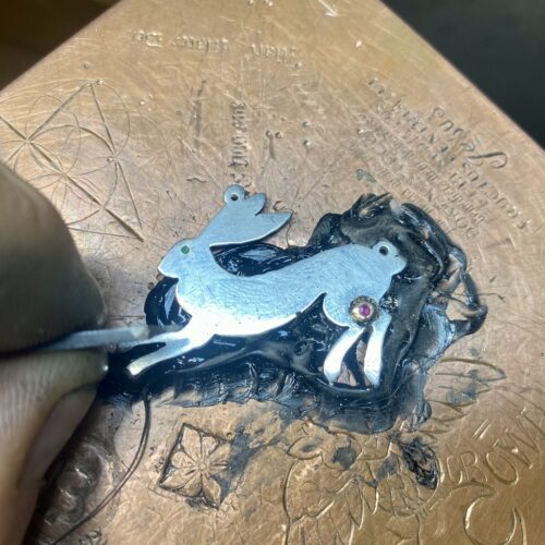 Acklington Hare Nancy Scott jewellery Handmade and recycled sterling silver moon leaping hare necklace 兔年 首饰