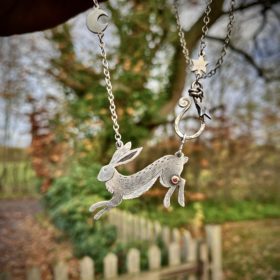 Acklington Hare Nancy Scott jewellery Handmade and recycled sterling silver moon leaping hare necklace 兔年 首饰