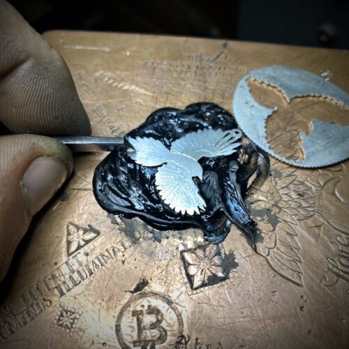 handcrafted and repurposed silver coin and spoon, flatware nevermore magpie earrings
