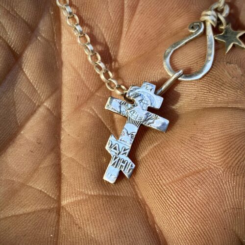 Russian Orthodox Cross necklace pendant handmade from a 50 kopek silver coin circa 1924. Вера в Бога icxc NIKA