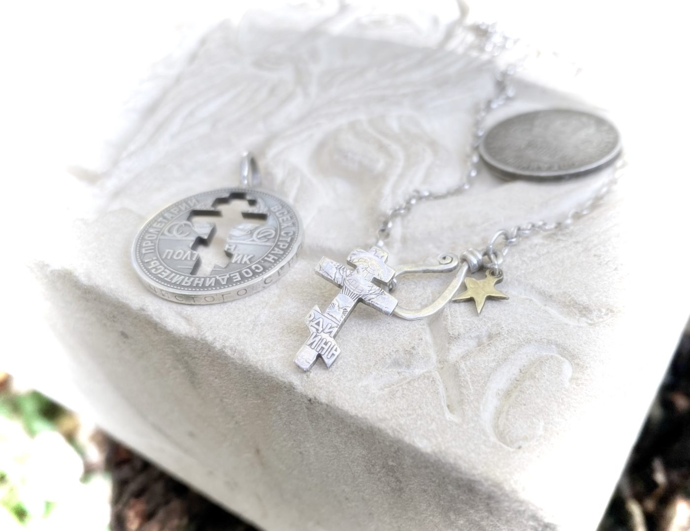 Russian Orthodox Cross necklace pendant handmade from a 50 kopek silver coin circa 1924. Вера в Бога icxc NIKA