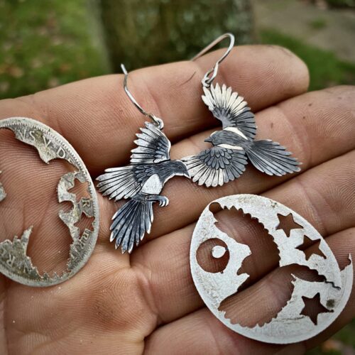 handcrafted and repurposed silver coin and spoon, flatware nevermore magpie earrings