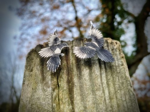 handcrafted and repurposed silver coin and spoon, flatware nevermore magpie earrings