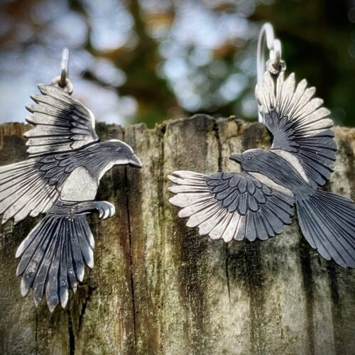 handcrafted and repurposed silver coin and spoon, flatware nevermore magpie earrings