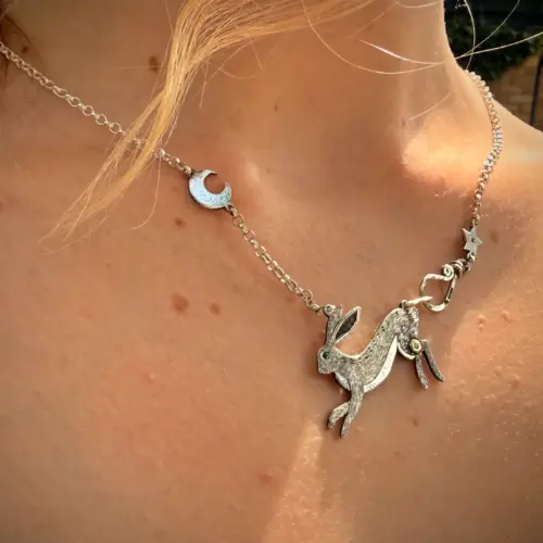 Acklington Hare Nancy Scott jewellery Handmade and recycled sterling silver moon leaping hare necklace 兔年 首饰