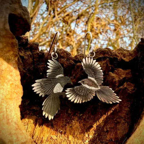 handcrafted and repurposed silver coin and spoon, flatware nevermore magpie earrings