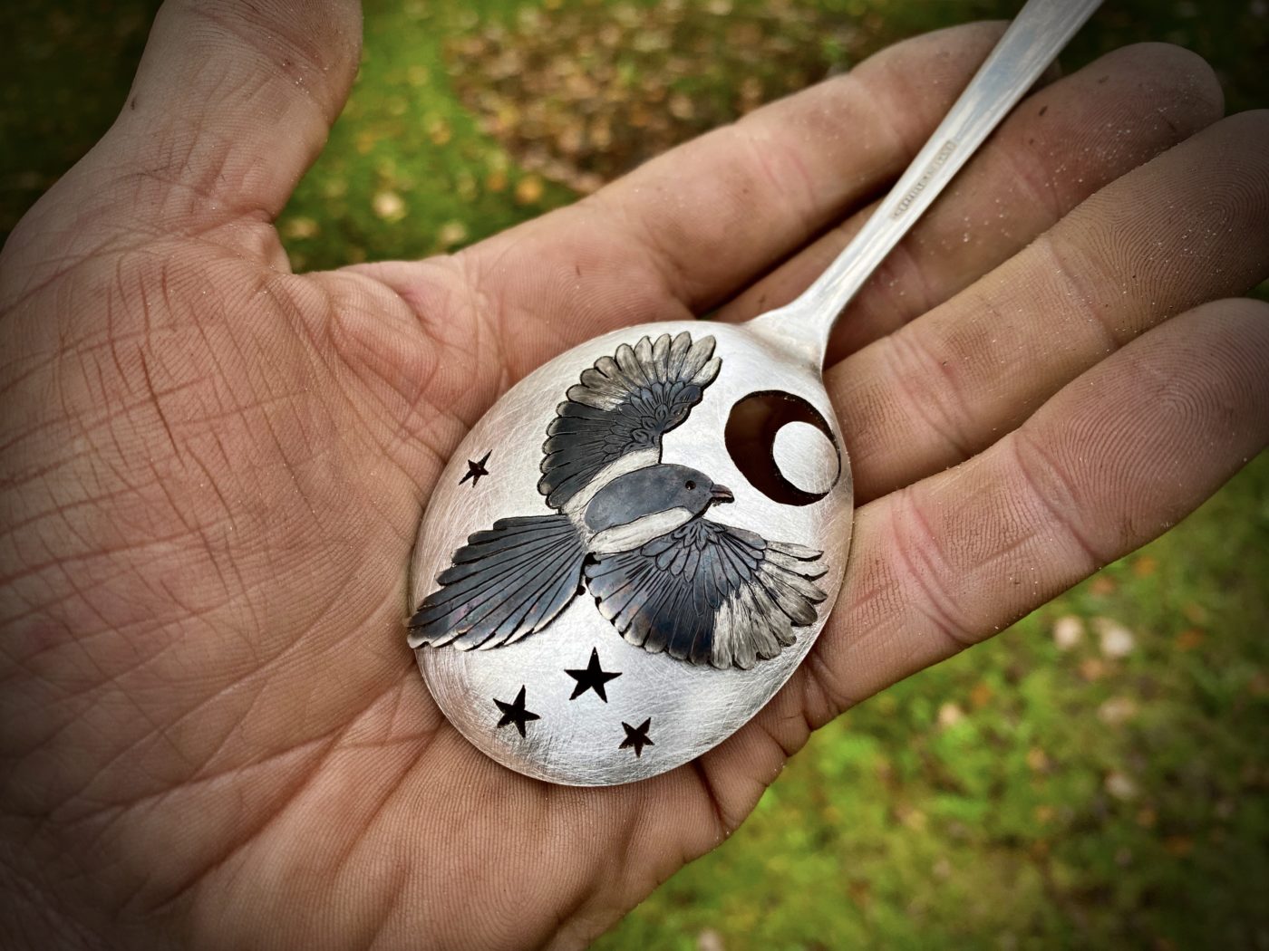 handmade Magpie brooch made from old spoon. Made in England with love and passion for treasure