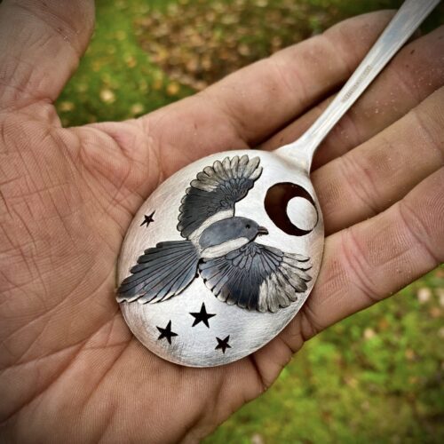 handmade Magpie brooch made from old spoon. Made in England with love and passion for treasure