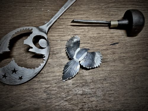 Handmade Magpie brooch made from old spoon. Made in England with love and passion for treasure
