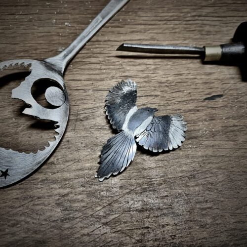 Handmade Magpie brooch made from old spoon. Made in England with love and passion for treasure