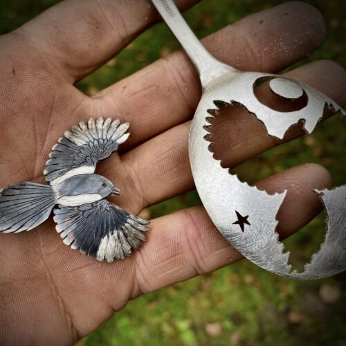 handmade Magpie brooch made from old spoon. Made in England with love and passion for treasure