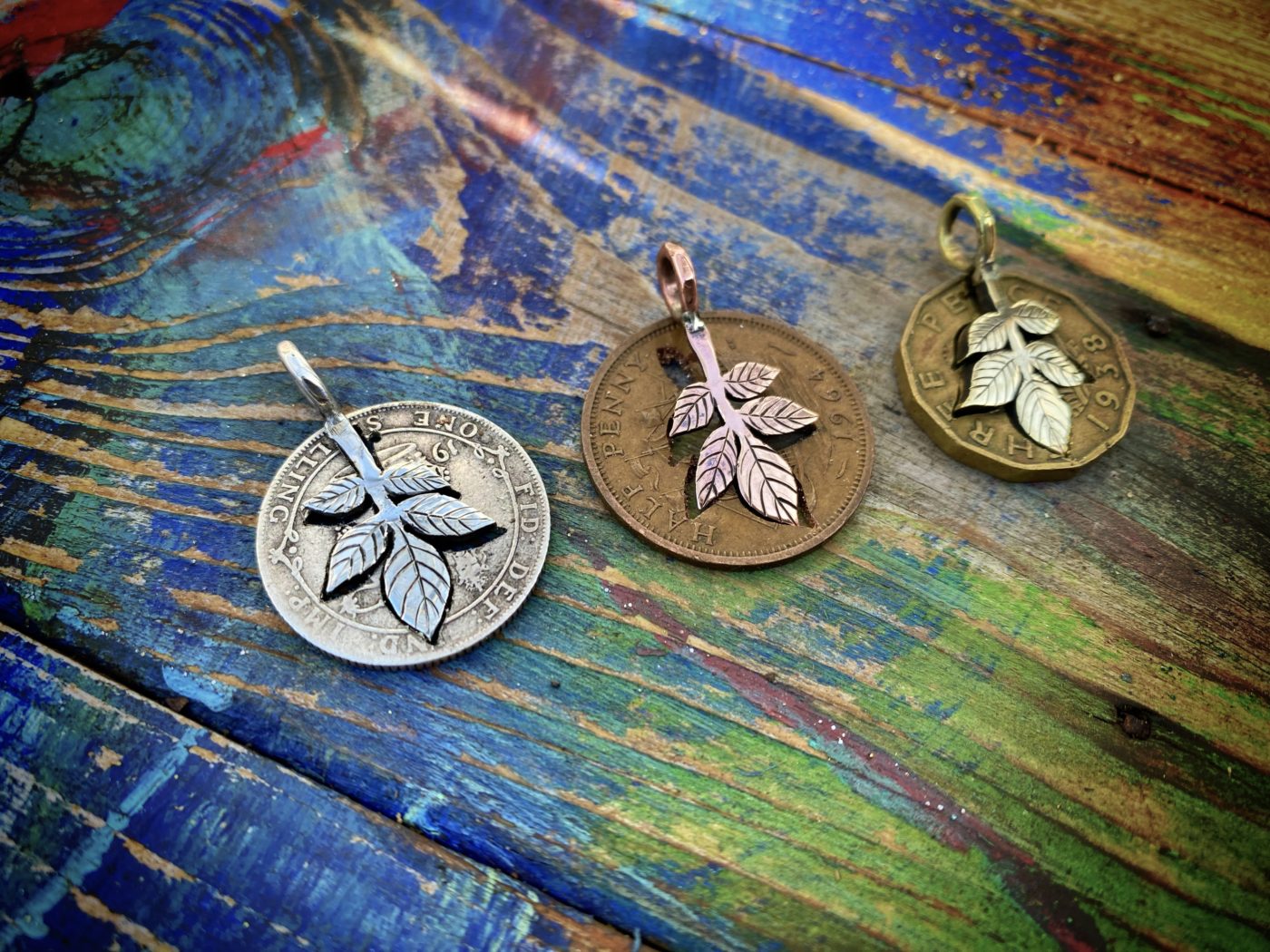 Elder leaf jewellery made from recycled, repurposed, upcycled coins and silver