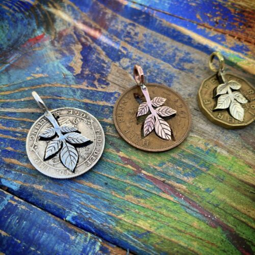 Elder leaf jewellery made from recycled, repurposed, upcycled coins and silver