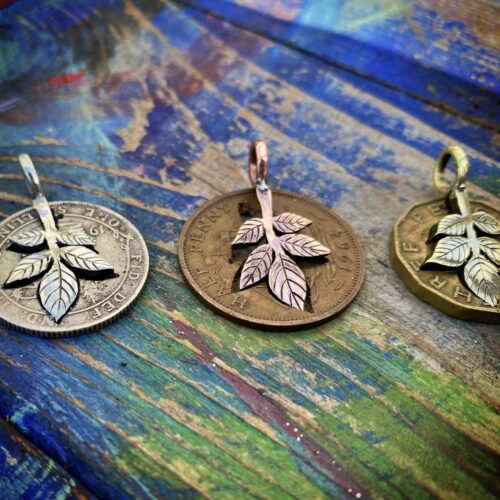Elder leaf jewellery made from recycled, repurposed, upcycled coins and silver