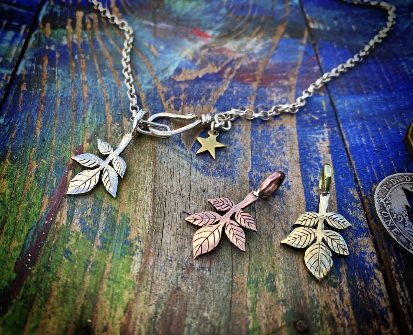 Elder leaf jewellery made from recycled, repurposed, upcycled coins and silver