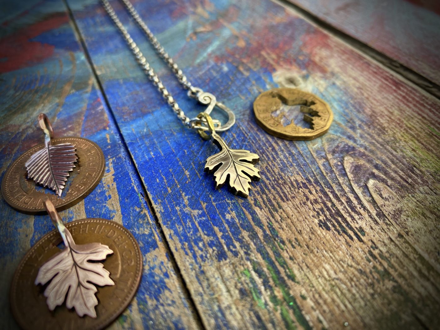May tree hawthorn leaf jewellery made from recycled, repurposed, upcycled coins and silver